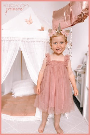 dusty pink tulle dress with butterfly wings