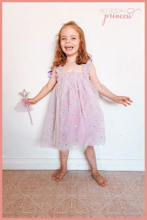Lilac rainbow tulle dress with gold stars and moons