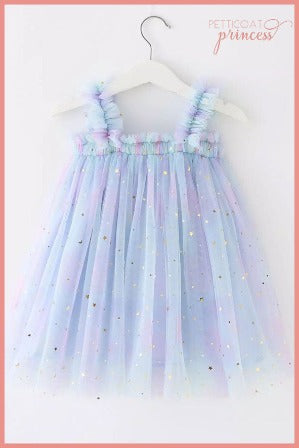 Blue rainbow tulle dress with gold stars and moons
