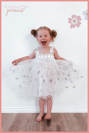White with sequin star tulle dress