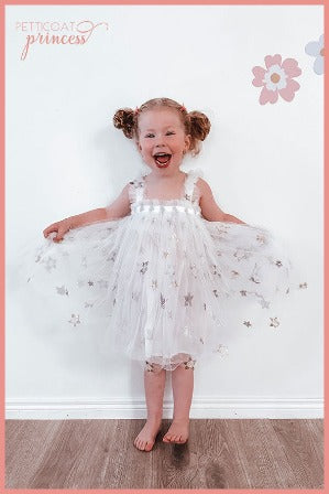 White with sequin star tulle dress 