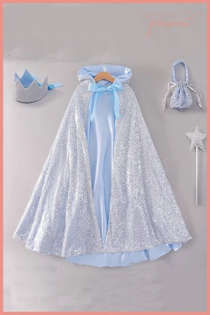 Silver sequin and blue cape, crown, bag and wand