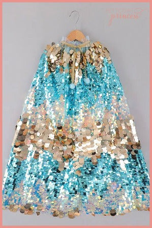 blue and gold sequin mermaid cape for girls