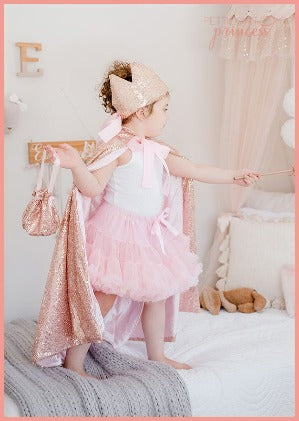 Rose gold sequin magical princess cape, wand, crown and bag set and ballet pink tutu 