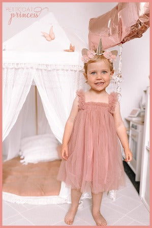 dusty pink tulle dress with butterfly wings