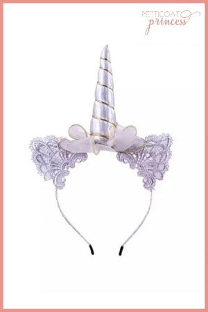 silver unicorn headband with lace