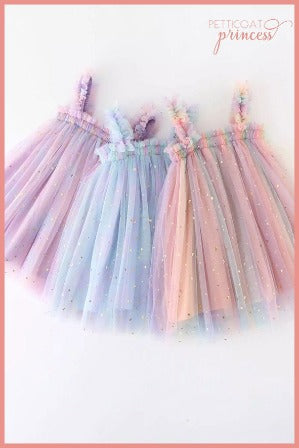ink, Blue and Lilac rainbow tulle dresses with gold stars and moons