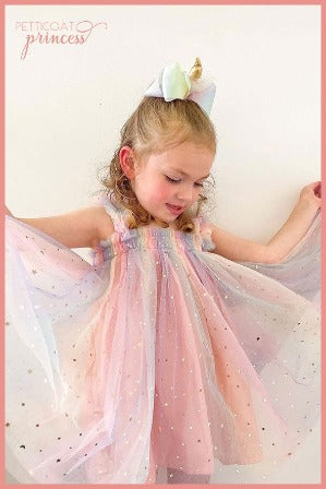 ombre pink and rainbow tulle dress with gold stars and moons