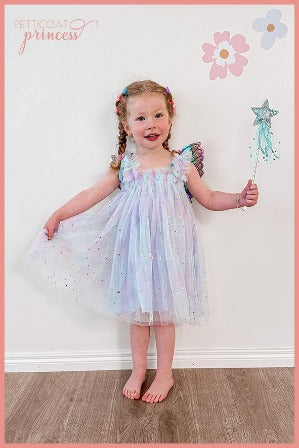 Blue rainbow tulle dress with gold stars and moons