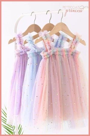 Pink, Blue and Lilac rainbow tulle dresses with gold stars and moons