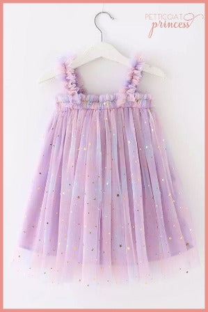 Lilac rainbow tulle dress with gold stars and moons