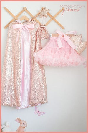 Rose gold sequin magical princess cape, wand, crown and bag set and ballet soft pink tutu