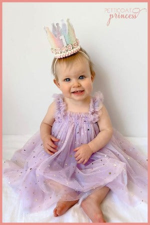 Lilac rainbow tulle dress with gold stars and moons